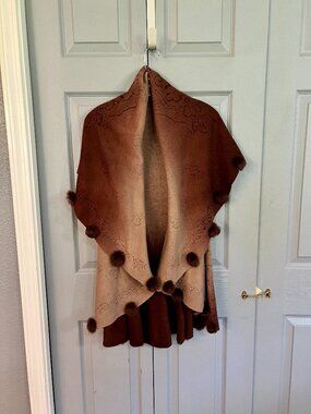 Poncho Wrap Cape Sweater Brown Ombre With Fur Pom-Pom’s